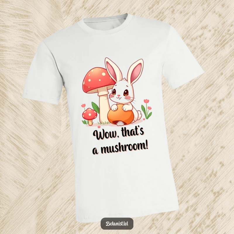 Funny t-shirt depicting a wide-eyed rabbit gazing in awe at a huge, vibrant mushroom, a cute funny gift.