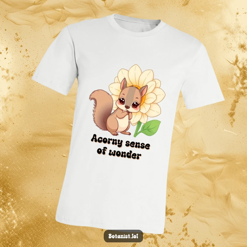 Funny squirrel flower t-shirt, a curious squirrel with wide eyes looking at a huge blooming flower, nature's magic.