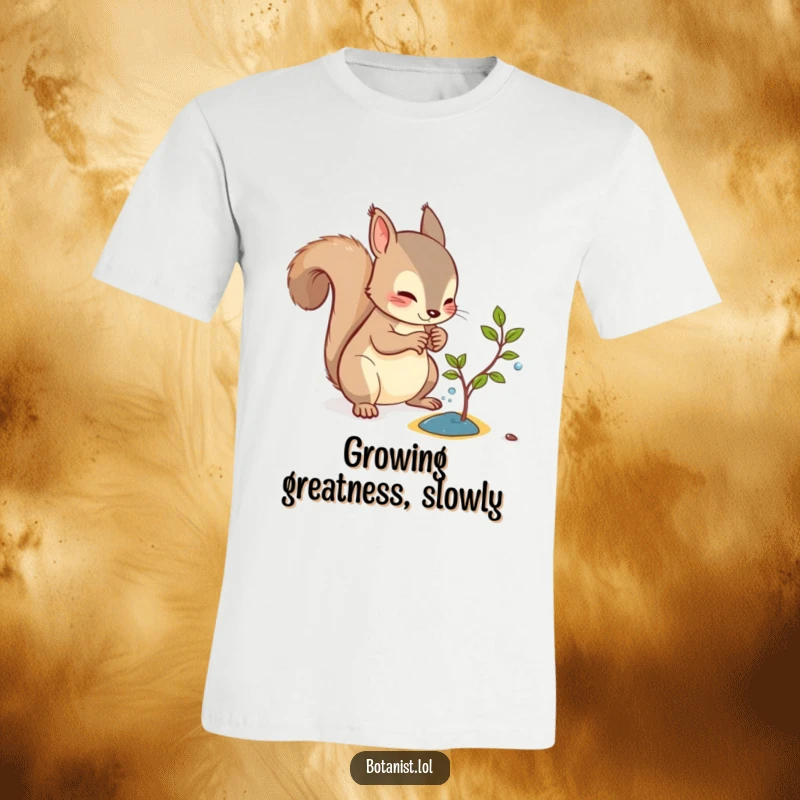 Funny t-shirt depicting a curious squirrel carefully watering a minuscule sapling, highlighting its dedication.