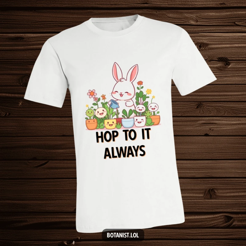 Funny rabbit gardener t-shirt, a giggling rabbit watering large smiling plants, celebrating gardening joy and humor.