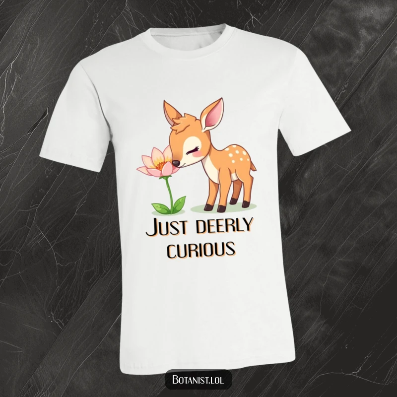 Funny T-Shirt: A gentle deer delicately sniffs a unique, shimmering flower, highlighting a moment of quiet exploration.