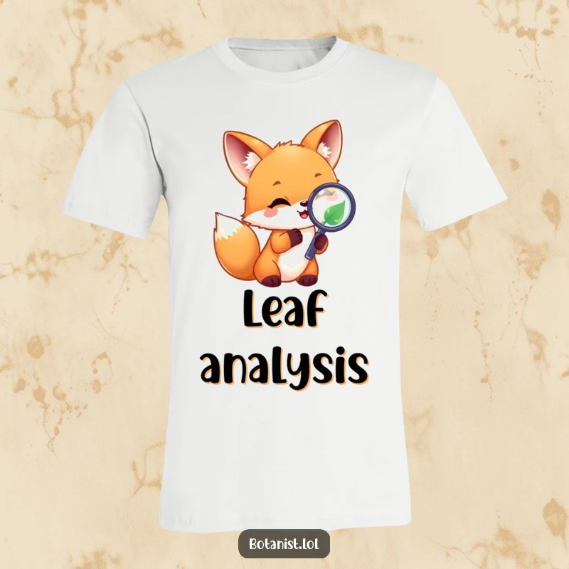 Funny joyful fox cub with a magnifying glass inspecting a leaf, a humorous and adventurous t-shirt. Great gift.