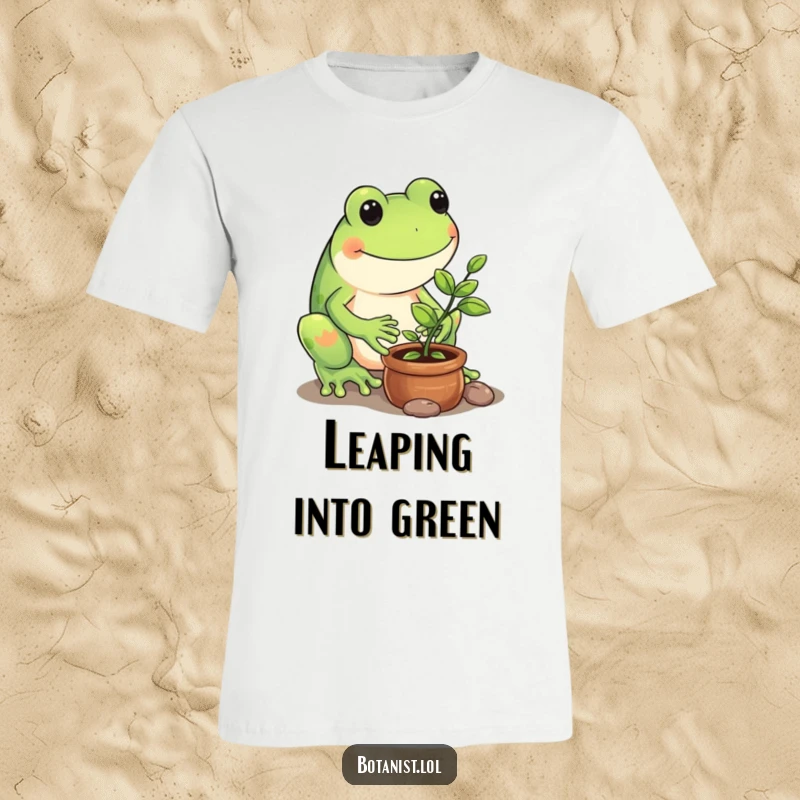 Funny t-shirt graphic of a playful frog gently tending to a small potted sapling with dedication.