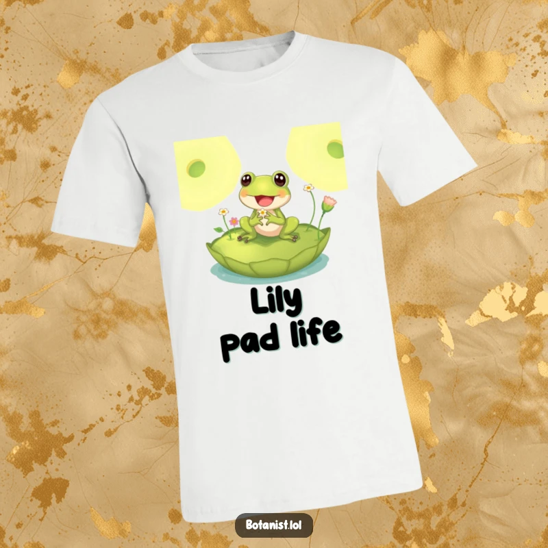 Funny t-shirt graphic of a delighted frog perched on a huge lily pad, curiously examining small, delicate flowers with a joyful expression.