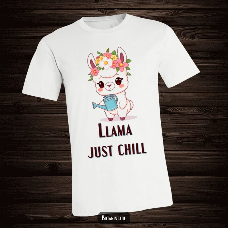 Funny T-Shirt: A proud llama sports a flower crown and carries a watering can, exuding confident horticultural charm.