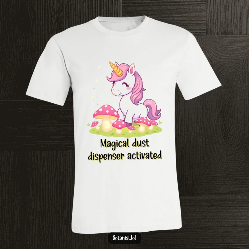 Funny Unicorn T-Shirt sprinkling pixie dust over glowing, magical mushrooms, illustrating a whimsical and enchanting fantasy scene.