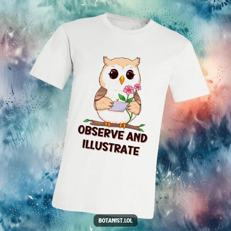 Funny T-shirt showcasing a curious owl intently sketching a rare blooming plant with a miniature notepad and pencil, exuding artistic concentration.