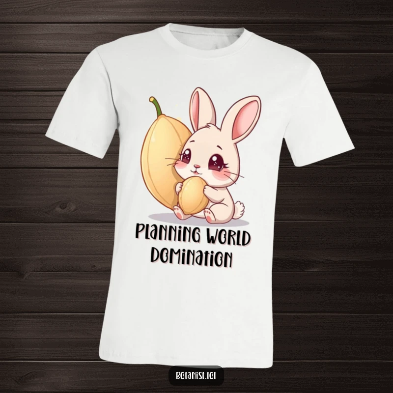 Funny t-shirt: A curious rabbit with sparkling eyes examines a giant, glowing seed, symbolizing wonder and growth. Perfect funny gift for nature fans.