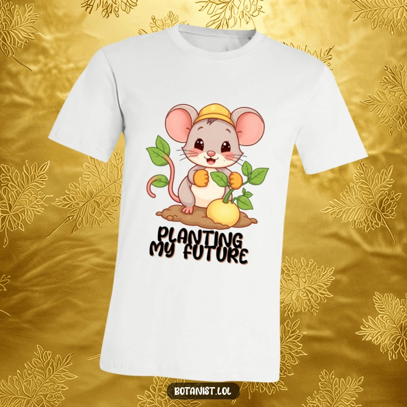 Funny Mouse T-Shirt showing a joyful mouse wearing gloves and planting a comically large seed, ready for new growth.