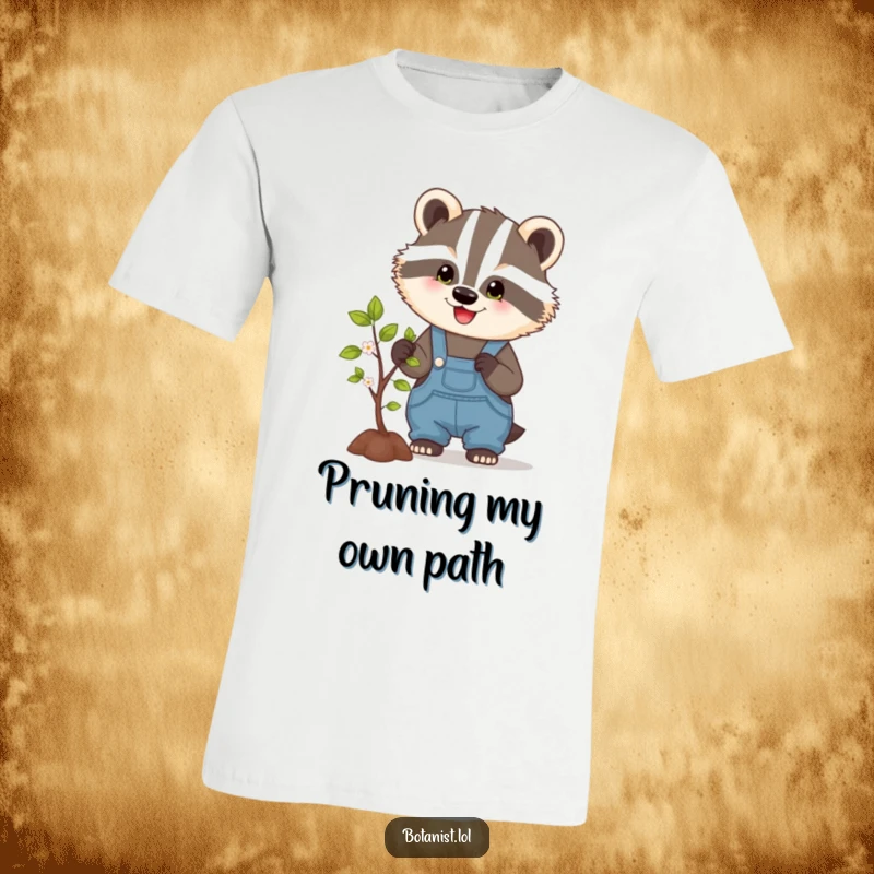 Funny t-shirt featuring a happy badger in overalls, carefully pruning a small blossoming tree, capturing dedicated and humorous effort.