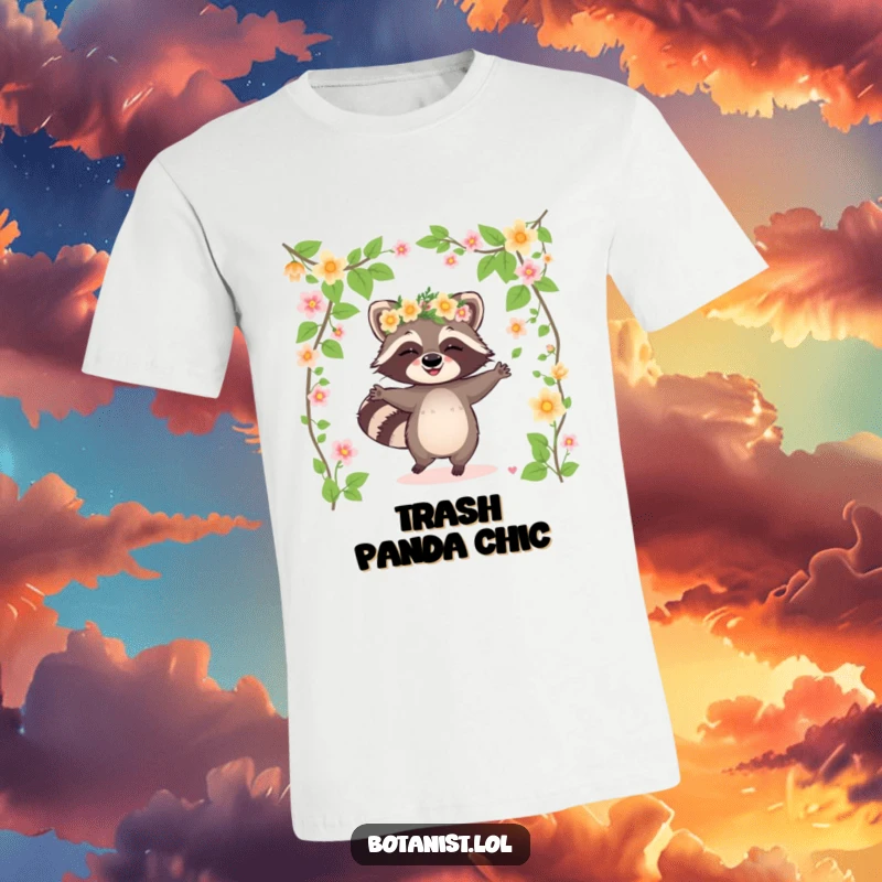 Funny raccoon t-shirt featuring a giggling raccoon in a flower crown dancing amidst blooming vines, celebrating playful joy.