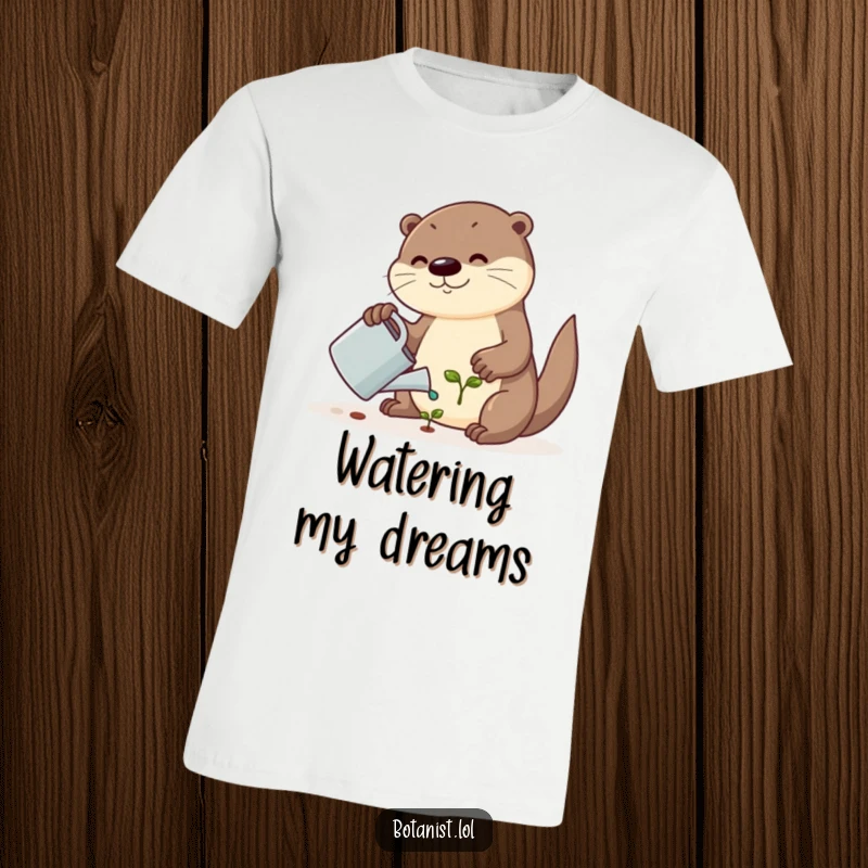 Funny t-shirt featuring a playful otter watering a small, smiling seedling, capturing a moment of sweet, humorous care.