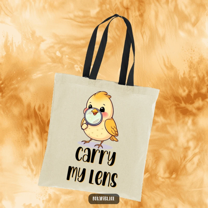 Funny bird with a magnifying glass inspecting a dewdrop, a cute and functional tote bag.