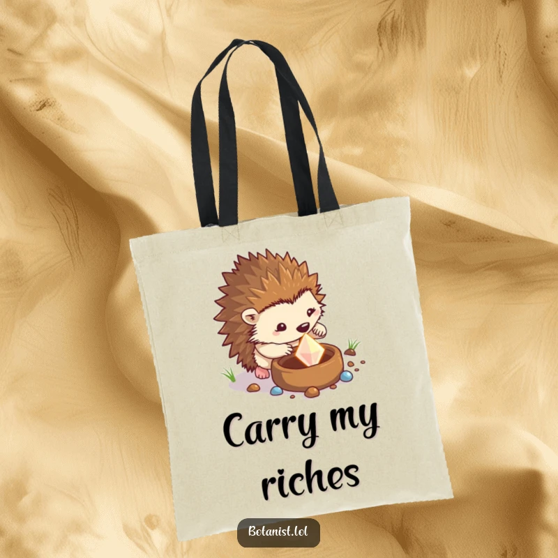 Funny hedgehog tote bag featuring a determined hedgehog digging in a pot to unearth a sparkling gem, a humorous and practical accessory.