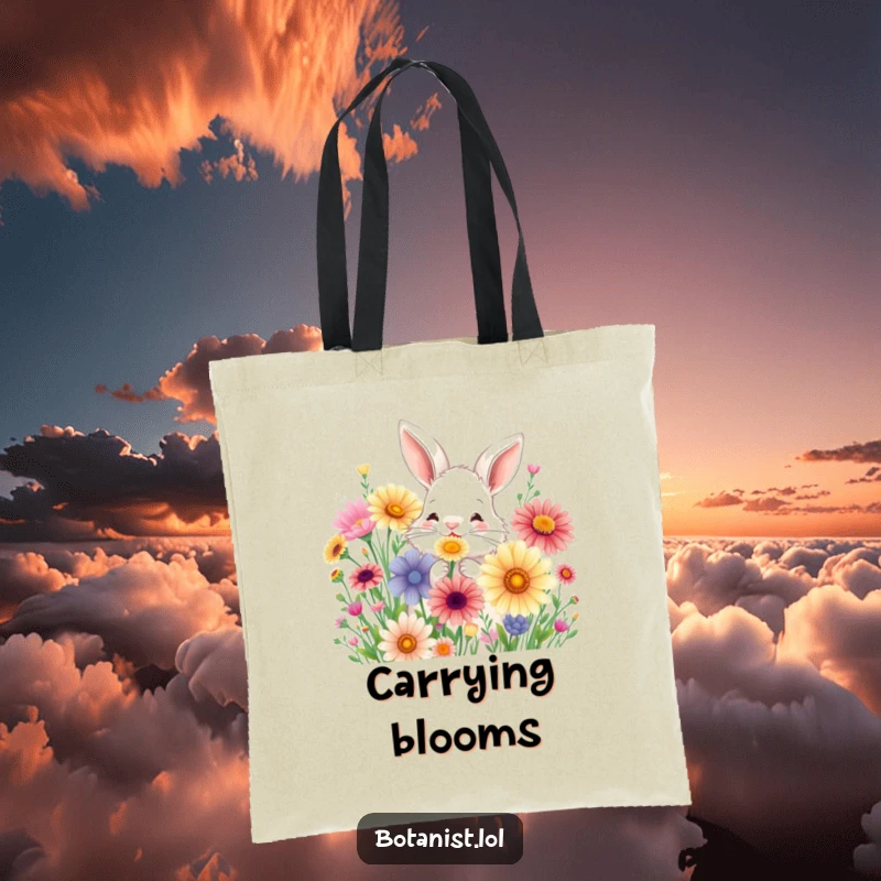 Funny tote bag depicting a fluffy bunny joyfully sniffing a bouquet of oversized, colorful wildflowers.
