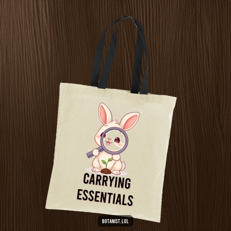 Funny rabbit tote bag showing a smiling rabbit examining a tiny sprout with a giant magnifying glass, perfect for shopping and thoughtful moments.