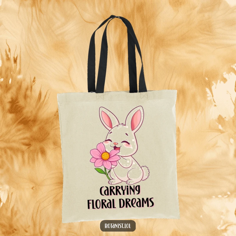 Funny tote bag with a bunny in fits of giggles while smelling a large, exotic flower, showcasing happiness.