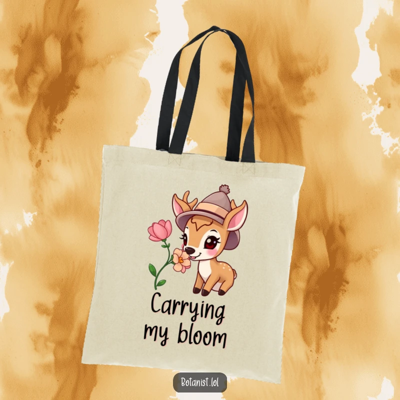 Funny tote bag with a happy deer in a hat pausing to sniff a beautiful, fresh bloom, capturing a moment of natural joy.