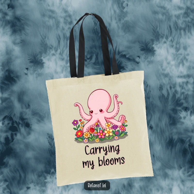 Funny Octopus Tote Bag with a detailed illustration of an octopus with many arms tending a beautiful and colorful flower garden.