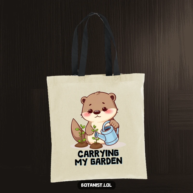 Funny tote bag with a playful otter using a tiny watering can to water a happy, smiling seedling, perfect for carrying gardening essentials.