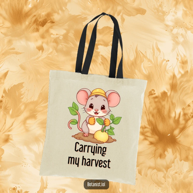 Funny Mouse Tote Bag with an illustration of a cheerful mouse in gardening gloves planting a very large seed, ready for planting.