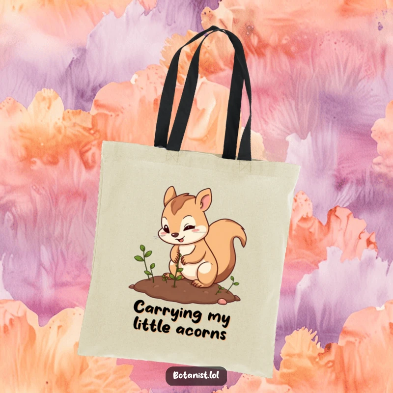 Funny squirrel planting tote bag, showing a cheerful squirrel sowing seeds with dedication, a great accessory for garden lovers.