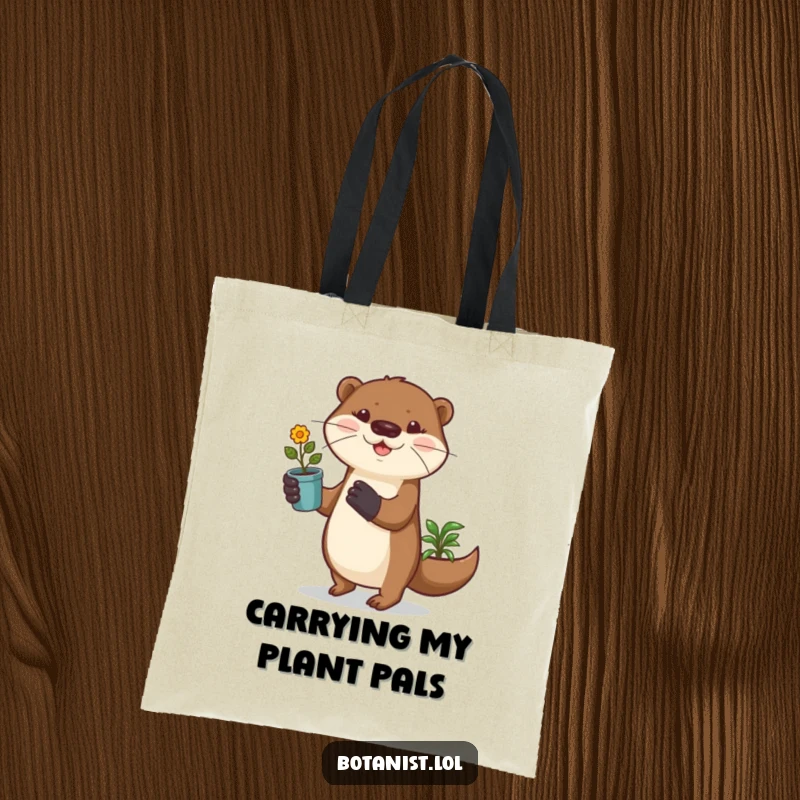 Funny otter in gardening gloves joyfully prances with a potted plant on this practical and humorous tote bag.