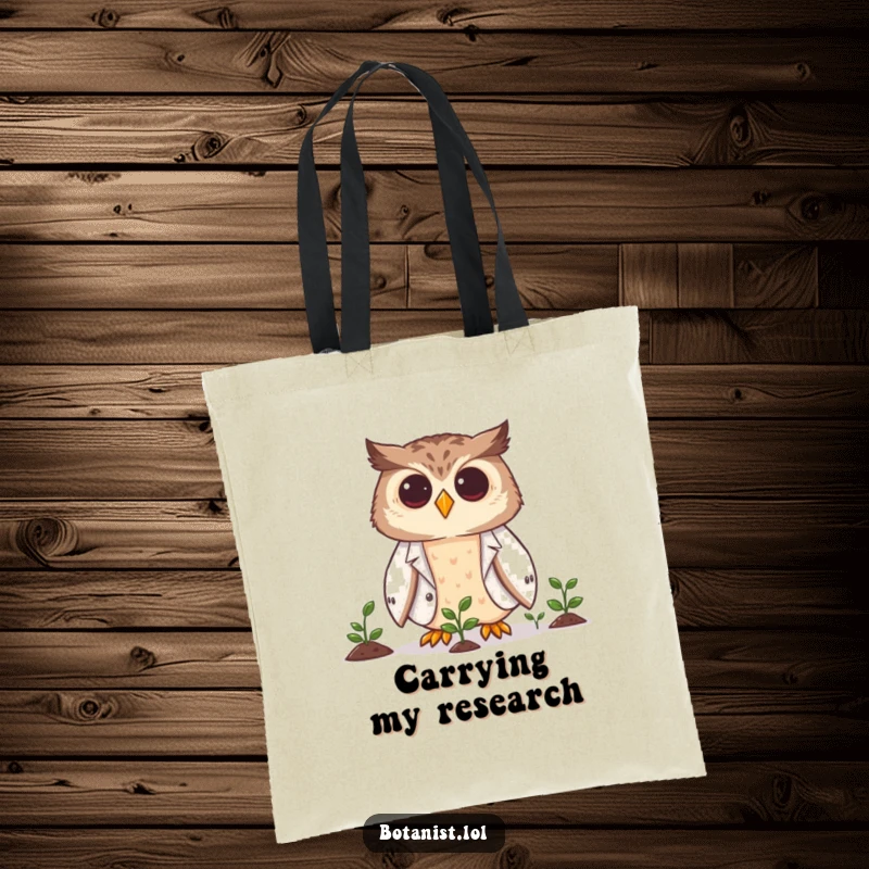 Funny owl scientist tote bag with a smiling owl in a lab coat observing tiny plants, perfect for carrying books.