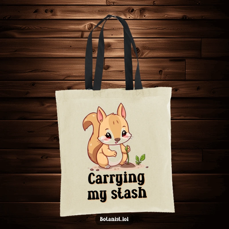 Funny tote bag showing a curious squirrel with a determined expression, planting a small seed, perfect for carrying supplies with intention.