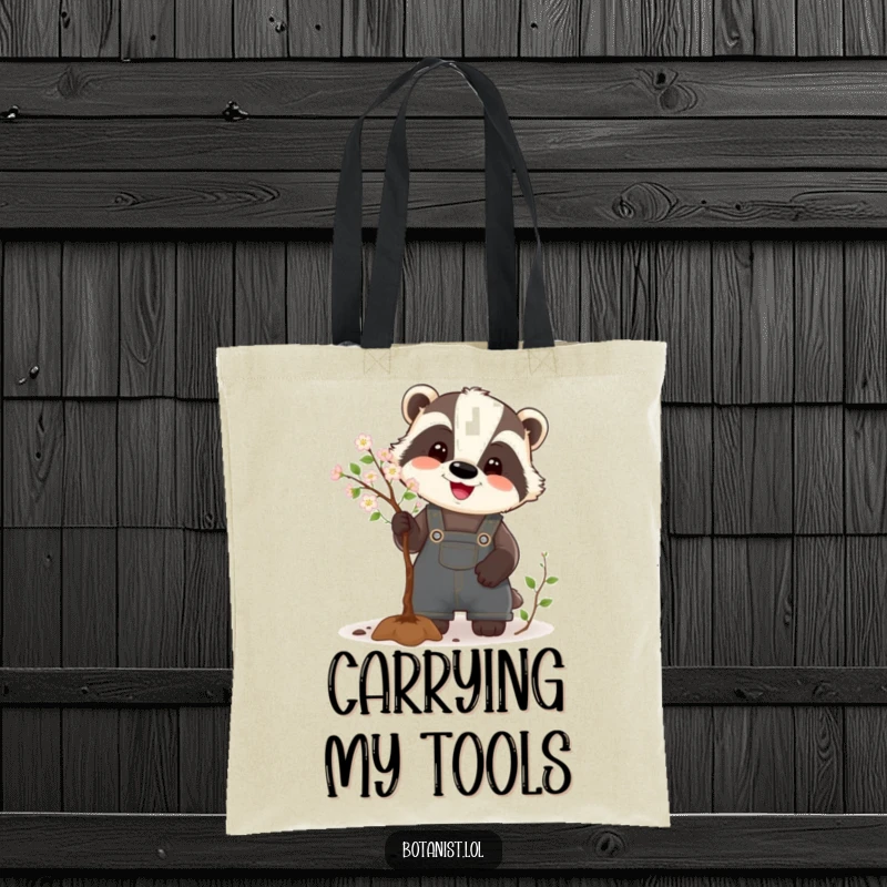 Funny Badger Tote Bag featuring a happy badger in overalls, humorously pruning a tiny, blooming tree, perfect for carrying essentials with style.