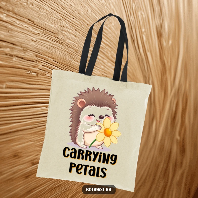 Funny tote bag with a happy hedgehog gently hugging a flower, sweet and practical.