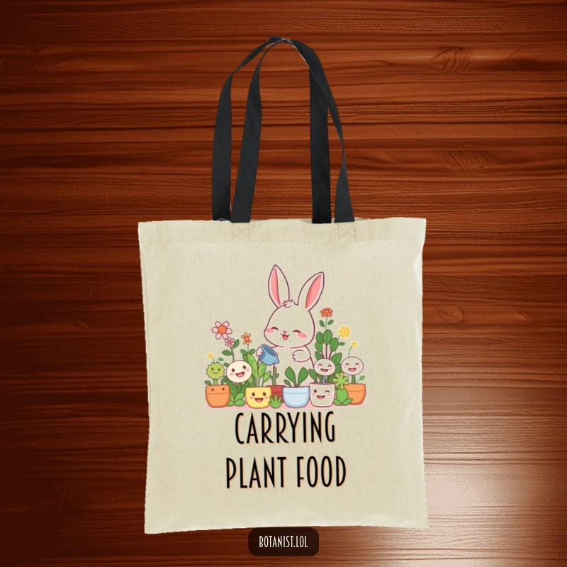 Funny rabbit gardener tote bag, a giggling rabbit watering oversized smiling plants, perfect for shopping and garden supplies.