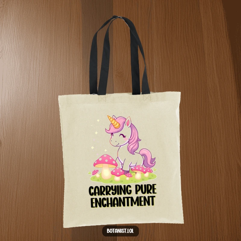 Funny Unicorn Tote Bag showcasing a magical unicorn sprinkling pixie dust over a patch of glowing, enchanted mushrooms.