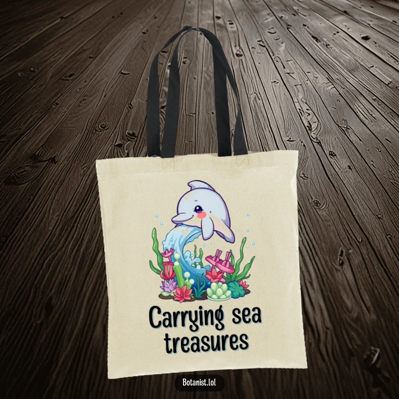Funny Dolphin Tote Bag showcasing a playful dolphin splashing water onto a collection of beautiful and colorful aquatic plants underwater.