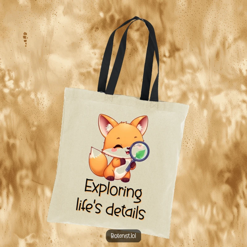 Funny joyful fox cub with a magnifying glass looking at a leaf, a humorous and practical tote bag. Great gift.