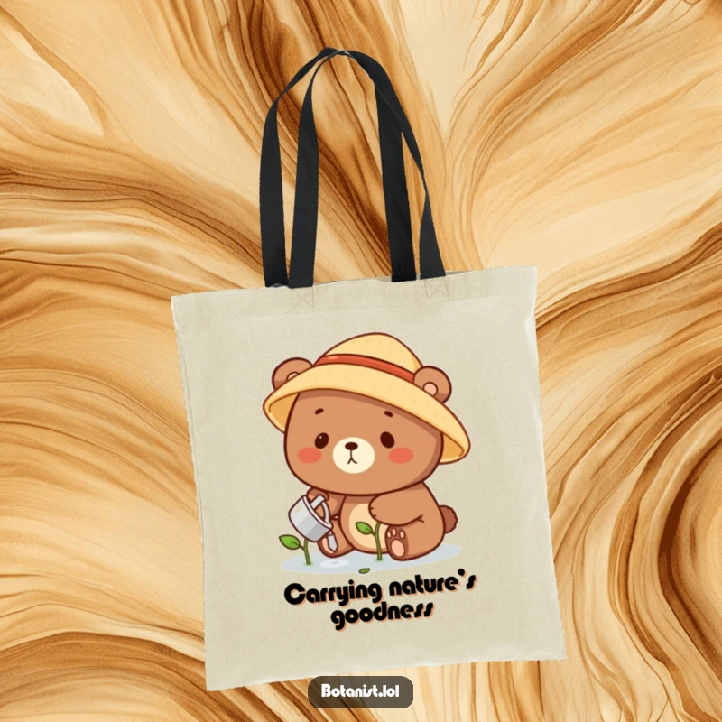 Funny bear gardener tote bag with a cheerful bear in a straw hat watering a miniature sprout, ideal for eco-conscious humor.