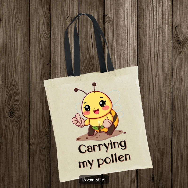 Funny bee gardener tote bag, a joyful bee wearing gloves, planting a sparkling seed, perfect for shopping and humor.