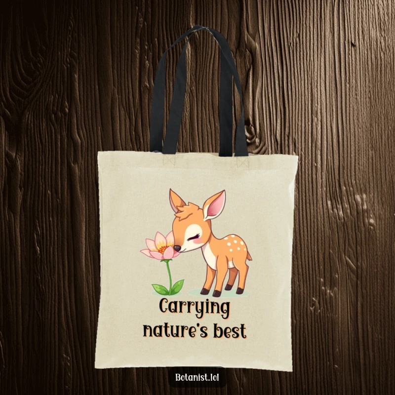 Funny Tote Bag: A gentle deer curiously sniffs a unique, shimmering flower, a beautiful accessory for nature lovers.