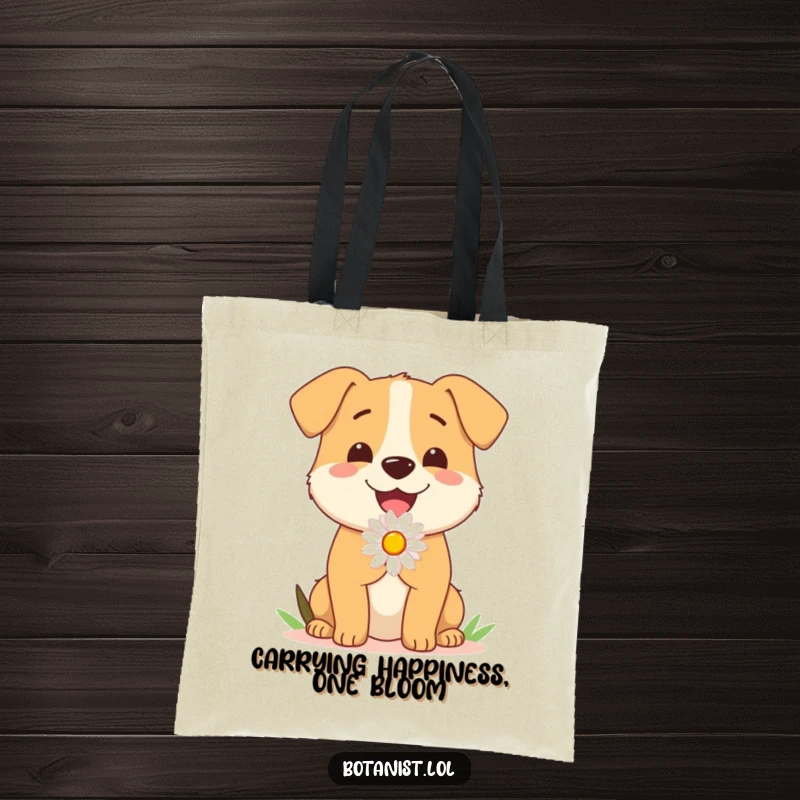 Funny Dog Tote Bag: A happy dog presents a single daisy with an expectant tail wag, a symbol of pure joy and affection.