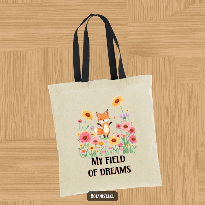 Funny tote bag illustrating a happy fox dancing ecstatically in a field of giant, colorful wildflowers.