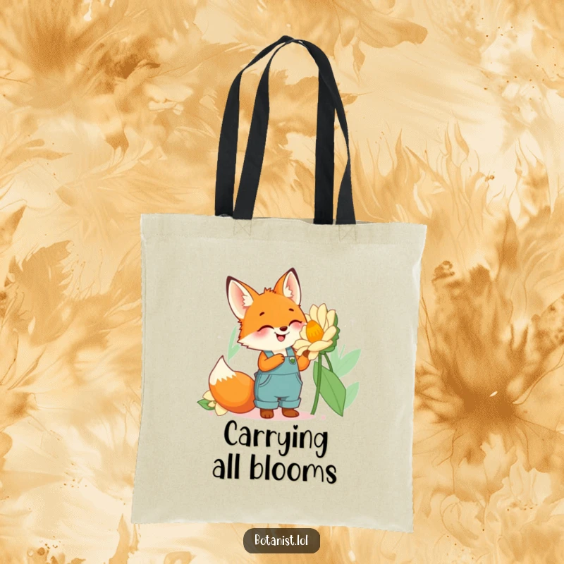 Funny fox gardener tote bag featuring a cute fox in overalls gazing at a gigantic, colorful flower, perfect for shoppers.