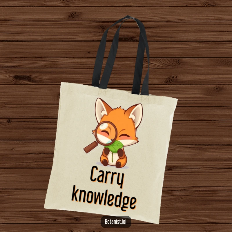 Funny tote bag showcasing a fox peering through a magnifying glass at a dewdropped leaf, a charming and humorous accessory for curious minds.