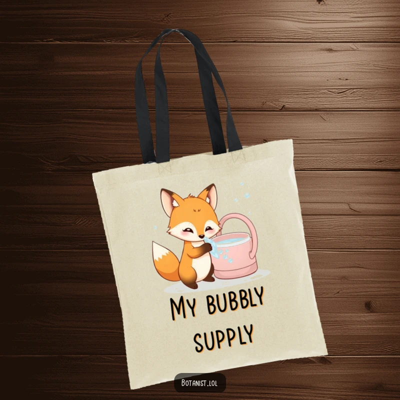 Funny curious fox tote bag, dipping paw into bubbly water from a watering can, a humorous and practical accessory.