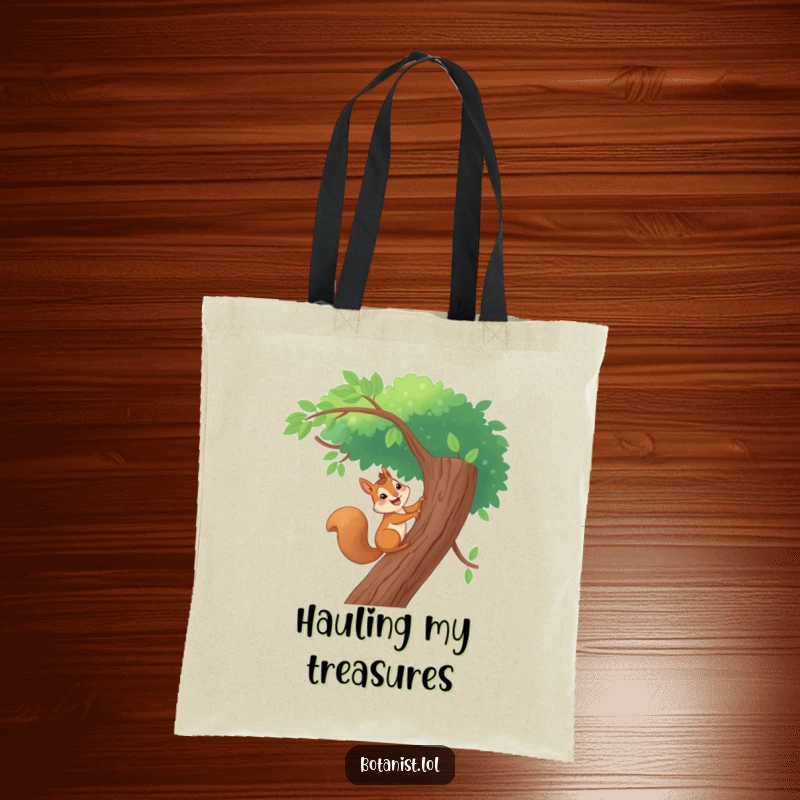 Funny tote bag showcasing a giggling squirrel climbing a tall, leafy tree, ideal for carrying essentials for nature lovers.