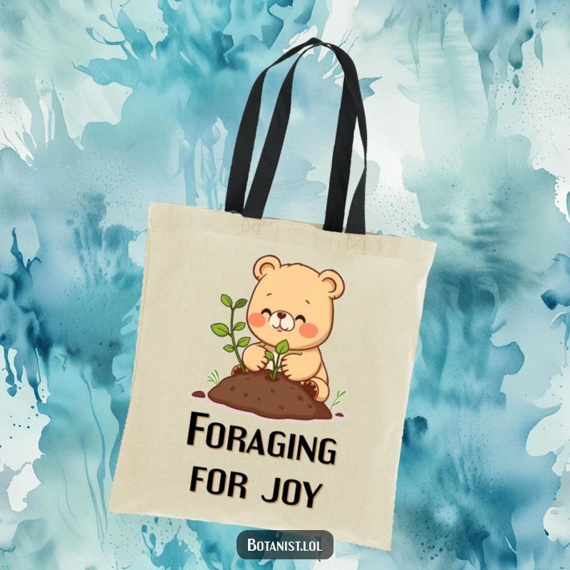 Funny tote bag showcasing a happy bear cub carefully planting a seedling, perfect for gardeners and nature lovers on the go.