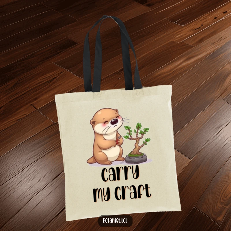 Funny otter bonsai tote bag, showing a diligent otter carefully pruning a bonsai tree, ideal for carrying essentials with style.