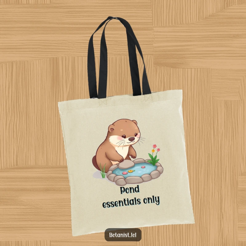 Funny Tote Bag: A charming otter lovingly nurtures a miniature garden pond, depicting a delightful scene of miniature landscape artistry.