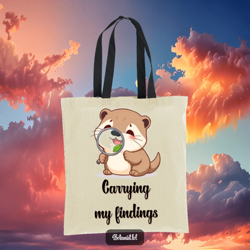 Funny delighted otter tote bag, using a magnifying glass to examine a leaf, a humorous and practical accessory.