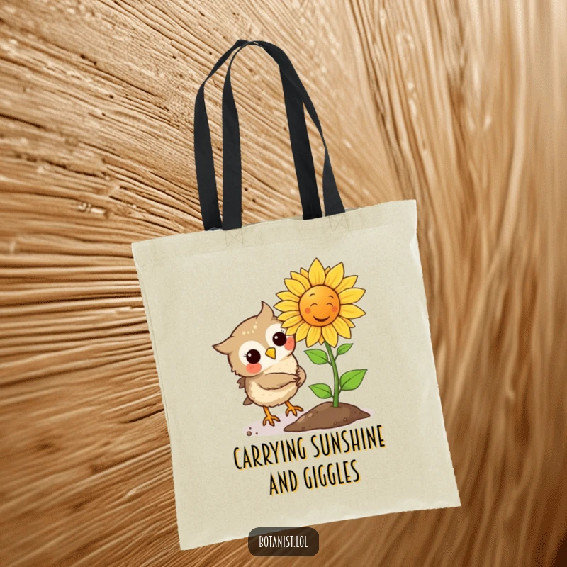 Funny Owl plants a tiny seed that immediately sprouts a giant laughing sunflower on this durable and humorous tote bag.