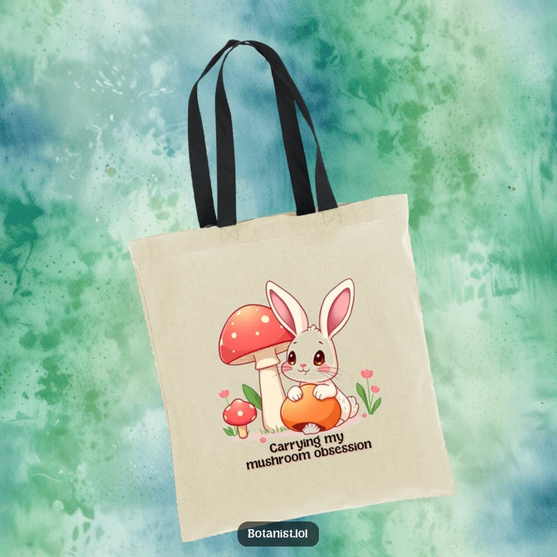 Funny tote bag illustrated with a wide-eyed rabbit admiring a giant, vibrant mushroom, a functional funny gift.